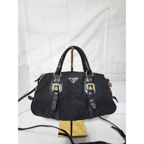 Authentic PRADA Tessuto Nylon And Leather Bauletto Bag Black - Picture 1 of 15